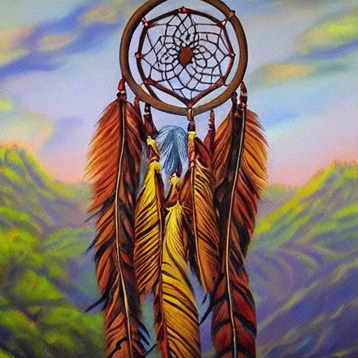 Image similar to dreamcatcher, nature, native american art, peaceful, beautiful, oil painting