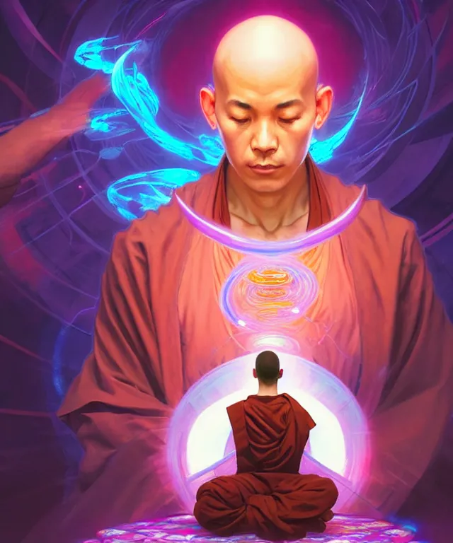 Image similar to a floating monk, meditating, wearing netrunner clothing, vaporwave aesthetic, colorful, psychedelic, digital painting, artstation, concept art, smooth, sharp focus, illustration, art by artgerm and greg rutkowski and alphonse mucha