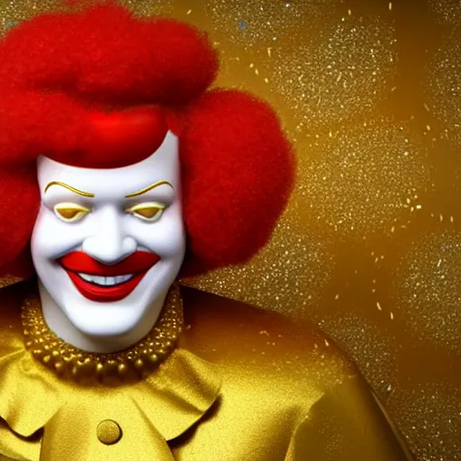 Image similar to a still of ronald mcdonald surrounded by gold and diamonds, award - winning, photograph, 3 d render, unreal engine, 4 k detailed