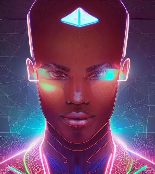 Image similar to symmetry!! egyptian prince of technology, solid cube of light, hard edges, product render retro - futuristic poster scifi, lasers and neon circuits, brown skin man egyptian prince, intricate, elegant, highly detailed, digital painting, artstation, concept art, smooth, sharp focus, illustration, dreamlike, art by artgerm