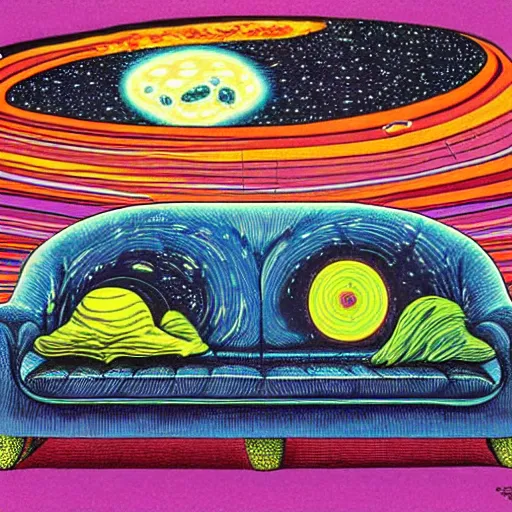 Image similar to psychedelic trippy couch in space, planets, milky way, sofa, cartoon by rob gonsalves and gustav dore