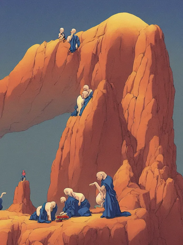 Prompt: weird strange albino monks vampires holding sphynx cats in a strange eerie mountain landscape, by kawase hasui, moebius, edward hopper, colorful flat surreal design, dramatic lighting, hd, 8 k, artstation