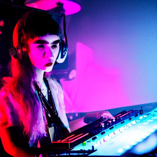 Image similar to Grimes DJing onstage playing with a synthesizer, neon, lambent lighting with vivid and radiant colors, 35mm photography, volumetric lighting, trending on artstation, artstationHD, artstationHQ, 4k, 8k.