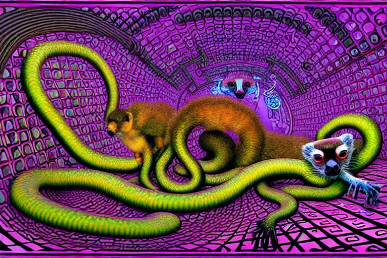 Prompt: a detailed digital art painting of a cell shaded cyberpunk ornate magick oni aztec ferret with occult futuristic effigy of a beautiful field of mushrooms that is a adorable lemur atomic latent snakes in between lizard biomorphic molecular psychedelic hallucinations in the style of escher, alex grey, stephen gammell inspired by realism, symbolism, magical realism and dark fantasy, crisp