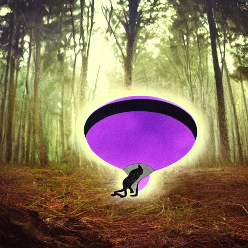 Image similar to a purple fox with a long fluffy and shiny coat sits in the forest on a ufo flying saucer. super realistic photo. clear details