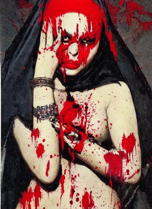 Image similar to portrait of bald iranian vampiress, jeweled veil, strong line, saturated color, beautiful! coherent! by frank frazetta, high contrast, blood splatter background