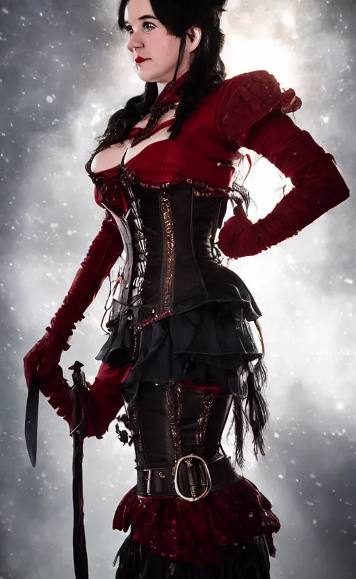 Image similar to epic fantasy portrait of a female halfling, black hair, red leather corset, cinematic, beautiful lighting, heroic