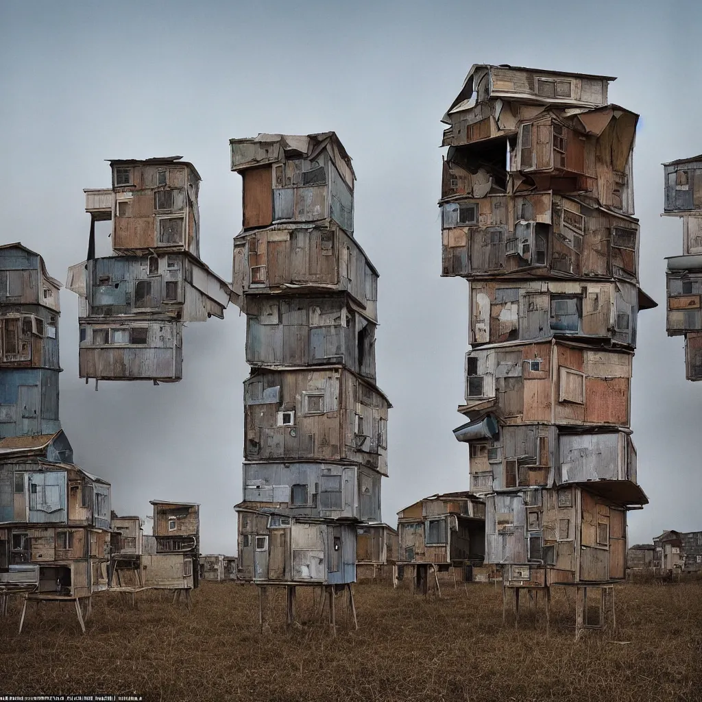 Image similar to towers made up of stacked makeshift squatter shacks with faded colours suspended over a quagmire, plain uniform sky at the back, misty, mamiya, ultra sharp, very detailed, photographed by julie blackmon, cristina de middel and john chiara