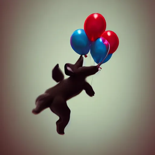 Prompt: puppy flying holding balloons, 8k, fantasy, cinematic lighting, highly detailed, digital painting, artstation, smooth, sharp focus, illustration, by Pixar