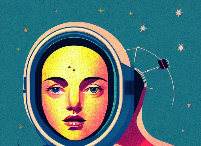 Image similar to portrait of a young astronaut girl, colorful, modern art deco, mads berg, karolis strautniekas, stippled light, fine texture, editorial illustration, dramatic lighting, dynamic composition, detailed, matte print, dynamic perspective, muted color