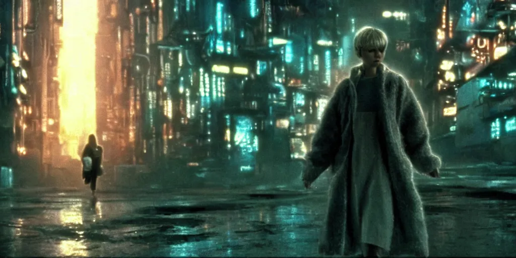 Image similar to at night, a white teenage girl with a pixie haircut in an oversized man's coat hides in the factory district : a still from a scifi dystopian cyberpunk film from 1 9 8 0 s. by steven spielberg, robert zemeckis, francis ford coppola, and james cameron. shot on 3 5 mm film stock.