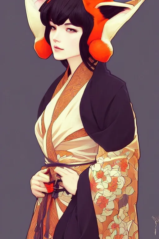 Prompt: A beautiful woman with fox ears who wears kimono, highly detailed, digital painting, artstation, concept art, smooth, sharp focus, illustration, art by artgerm and alphonse mucha, high definition digital art, in the style of Ross tran and ilya kuvshinov