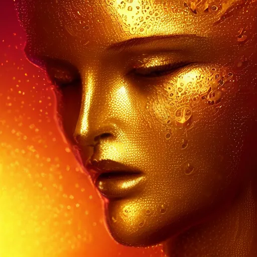 Prompt: an intricate, detailed face of an android, golden translucent skin with water drops on it, dramatic sunset lighting, synthwave colours, trending on artstation, art nouveau