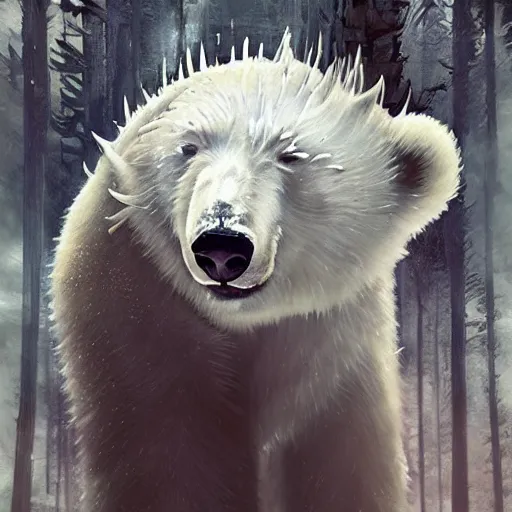 Image similar to white furry polar bear, steampunk googles, highly detailed, unreal engine 5, cinematic, 8 k, by megan duncanson, benjamin lacombe, adrian borda, stanley artgermm, tom bagshaw, craig mullins, carne griffiths, ayami kojima, beksinski, giger, trending on deviantart, hyper detailed, horror, full of colour