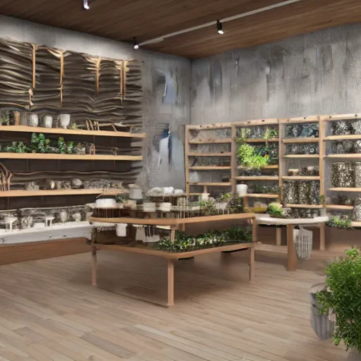 Image similar to an 8k render ceramics shop interior with wooden panels and greenery