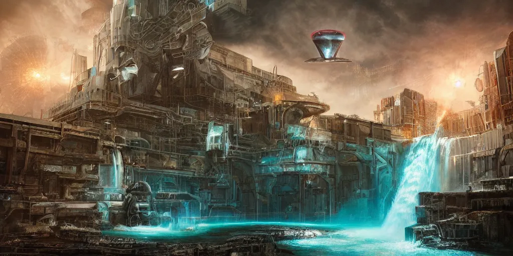 Image similar to alien spacecraft hovering over beautiful pool waterfalls surrounded by alien robots, steel archways with sparks flying off, industrial buildings, rusty metal towers, sun setting, ross tran, fantasy, james jean, peter morbacher, angelarium, alchemy, luxury, heavenly light, soft illumination, trending on artstation, cinematic lighting, digital painting, octane render