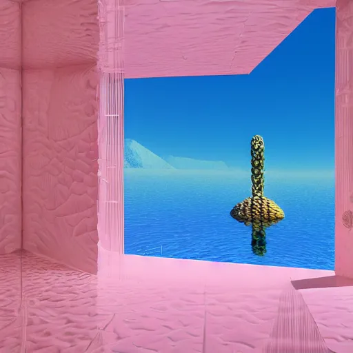 Prompt: hyperrealistic geometric objects in a surreal minimalistic 8 0's dreamscape environment by salvador dali, enormous emoji, highly detailed, 3 d render, octane, beautiful lighting, photorealistic, intricate, elegant, wayne barlowe, water, mirrors, pink doorway, beautiful, masterpiece, trending on artstation, palm tree