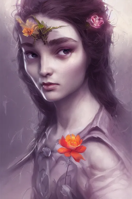 Image similar to portrait, beautiful flower Fairy, face portrait, raphael lacoste, eddie mendoza, alex ross, concept art, matte painting, highly detailed, rule of thirds, dynamic lighting, cinematic, detailed, denoised, centerd