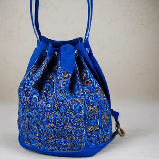 Prompt: a bucket bag made of blue suede. the bag is decorated with intricate golden paisley patterns. the handle of the bag is made of rubies and pearls.