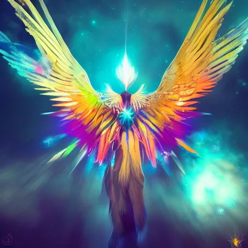 Prompt: dream multicolored open wings, a big yellow star below, an open eye in its center, space in the background, details visible, trending on Artstation, unreal Engine, CGsociety, digital art