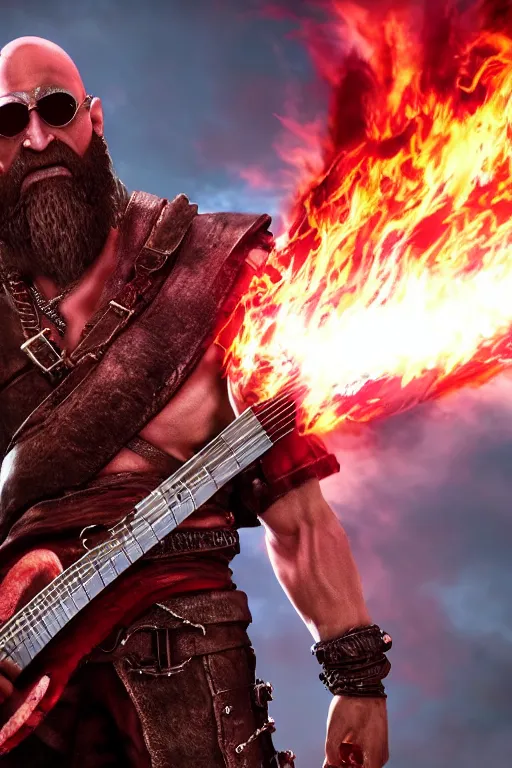 Prompt: sunglasses wearing kratos rocking out on a flaming stratocaster axe, cinematic render, god of war 2 0 1 8, playstation studios official media, lightning, flames, red stripe, red stripe, clear, coherent