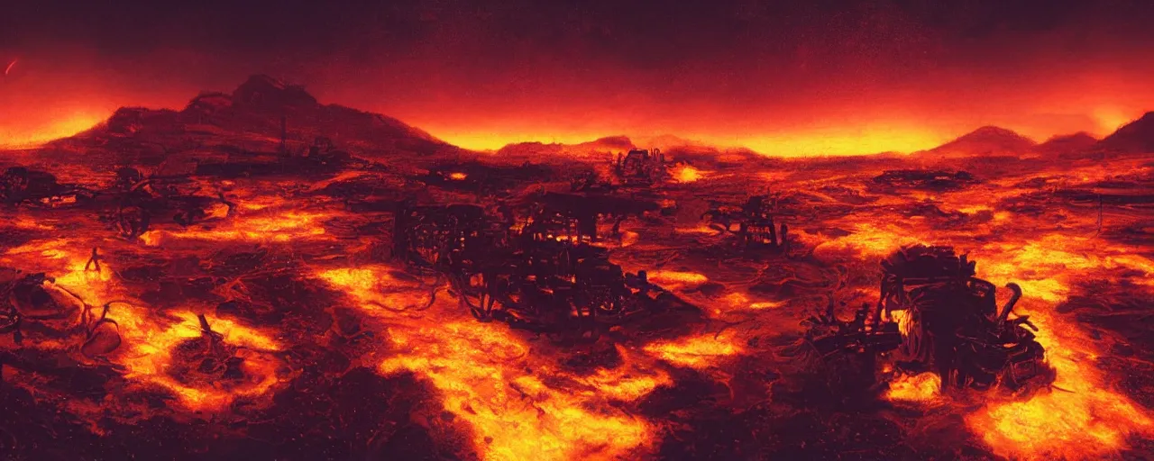 Image similar to ” burning landscape at night, [ cosmic, cinematic, detailed, epic, widescreen, opening, establishing, mattepainting, photorealistic, realistic textures, octane render, art by slop and paul lehr ] ”