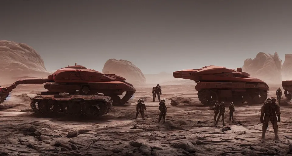 Image similar to alien red desert, foreground giant Fluorite art deco crystals out of the ground, Nordic rocky desert environment, background grey troopers and bounty hunters standing near their huge sci-fi futuristic tank | 35mm | arch viz , Matte painting, octane render, 8k, corona render, movie concept art, bio-luminescence, liquid, mist, caustics, epic mood, cinematic, hyper detailed, insanely detailed and intricate, portrait, hyper maximalist, cinematic, octane render, colorful redshift render, 8k