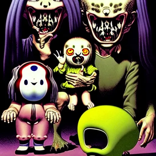 Image similar to a creepy family, by richard corben and takashi murakami