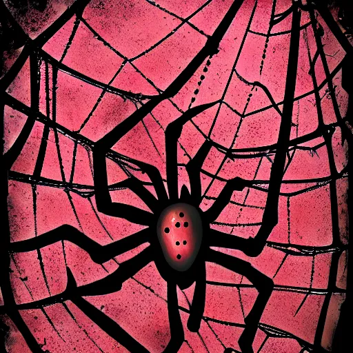 Image similar to spider webs dripping blood, rich decaying bleeding colors, horrorcore spider