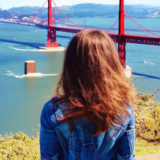 Prompt: “teenage girl with brown long hair looking at camera with Golden Gate Bridge in the background, 8K highly realistic detailed. Sunny day with cinematic atmosphere”