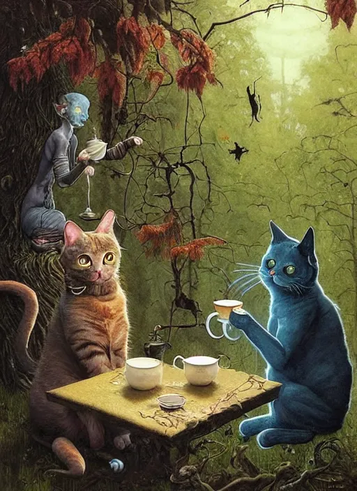 Image similar to cat having tea with a witch at a shrine in the woods gorgeous lighting, lush forest foliage blue sky a hyper realistic painting by chiara bautista and beksinski and norman rockwell and greg rutkowski weta studio, and lucasfilm