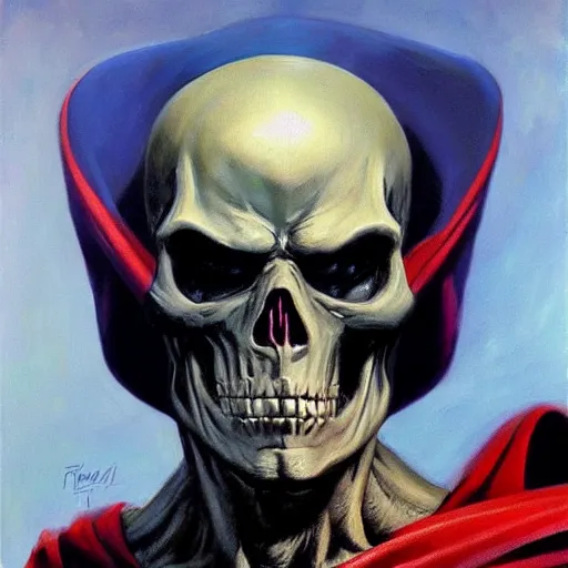 Image similar to ultra realistic portrait painting of skeletor as superman, art by frank frazetta, 4 k, ultra realistic, highly detailed, epic lighting