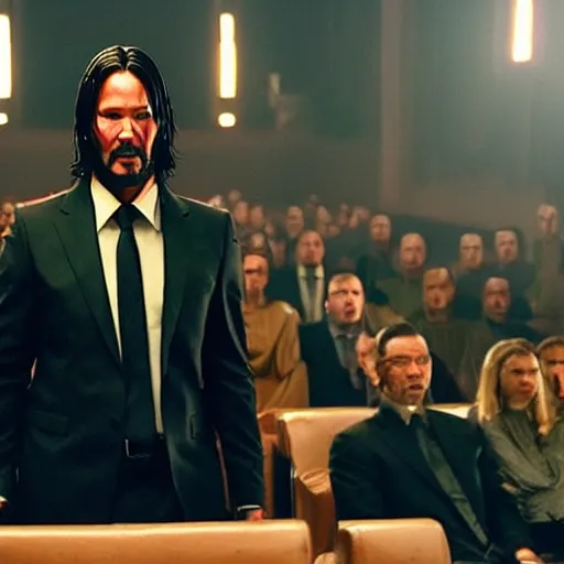 Image similar to cinematic still of John Wick attending a Hillsong church service in John Wick (2009). modern worship singing. dynamic lighting. shallow depth of field, cinematic