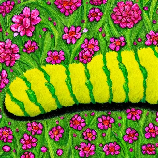 Prompt: cute fluffy caterpillar sitting on a leaf in a field of grass and flowers detailed painting 4 k