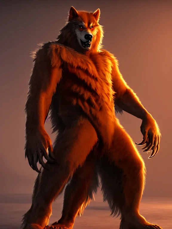 Prompt: cute handsome cuddly werewolf from van helsing unreal engine hyperreallistic render 8k character concept art masterpiece orange