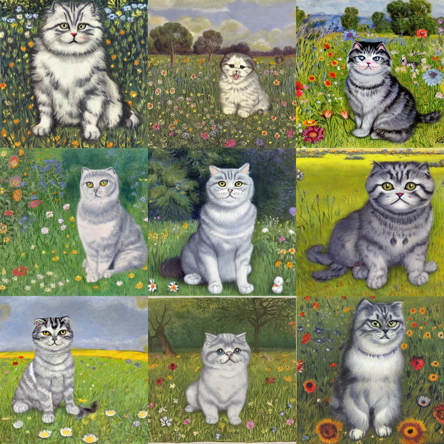 Prompt: a gray scottish fold sitting in the middle of sunny meadow, louis wain