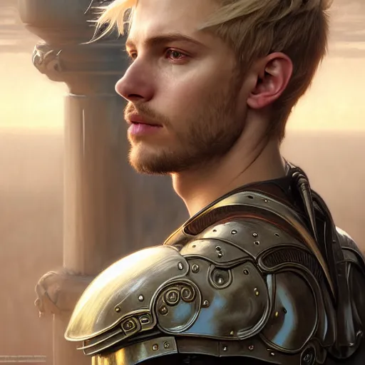Prompt: portrait painting of a young melancholic man with a soft face and short light blonde hair wearing armor, ultra realistic, concept art, intricate details, eerie, highly detailed, photorealistic, octane render, 8 k, unreal engine. art by artgerm and greg rutkowski and charlie bowater and magali villeneuve and alphonse mucha