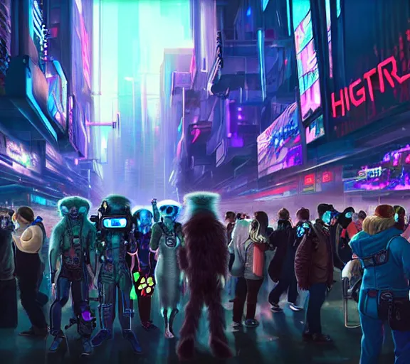 Image similar to high - resolution photograph from a cyberpunk era furry fandom convention ( midwest furfest 2 0 4 7 ), taking place after the genetic revolution and quantum singularity. photorealistic.