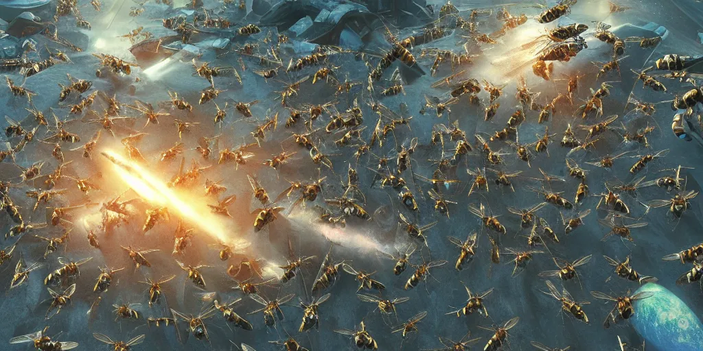 Image similar to Planetary annihilation by form of WASPS, realistic 4k octane beautifully detailed render, 4k post-processing, highly detailed, intricate complexity, epic composition, magical atmosphere, cinematic lighting, masterpiece, ultra hd