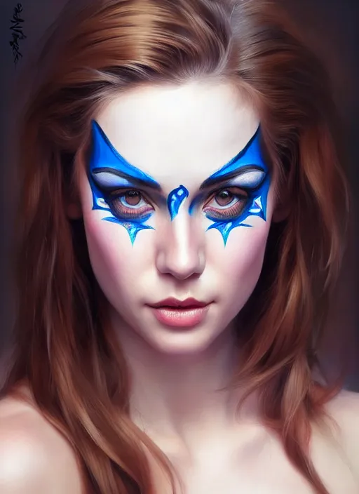 Image similar to full body photo of a gorgeous young woman in the style of stefan kostic, face painting, realistic, sharp focus, 8k high definition, insanely detailed, intricate, elegant, art by stanley lau and artgerm