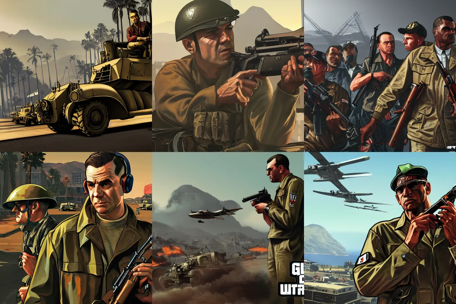 Prompt: WW2 in Grand Theft Auto 5 covert art, epic, 4k resolution, extremely detailed, very sharp, artstation, digital art, vibrant,