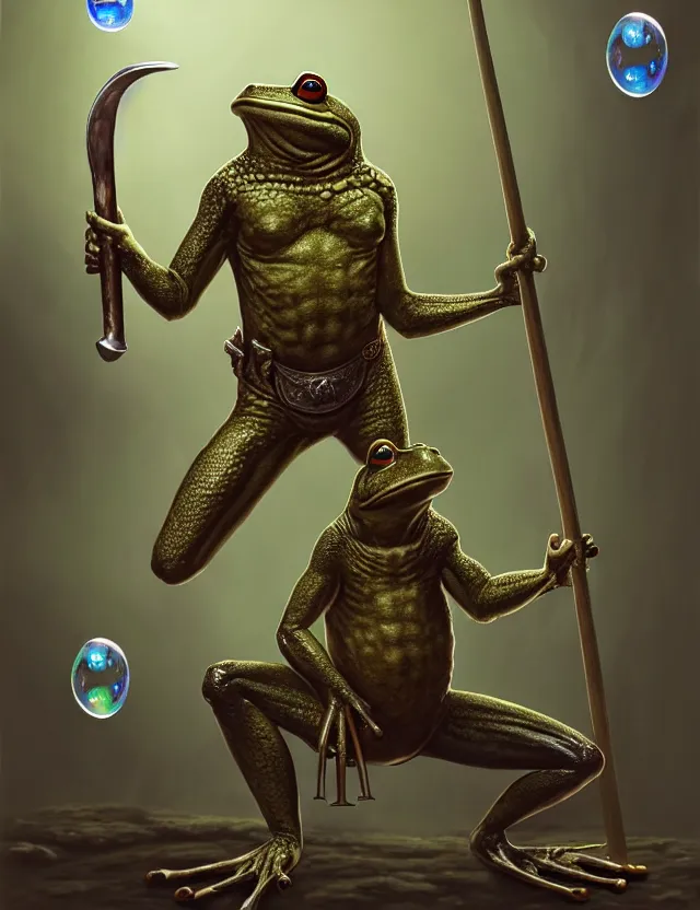 Image similar to anthropomorphic bipedal frog that is dressed as a medieval fighter, and wielding a club weapon, as a matte oil painting and d & d character art, by alex grey, standing, fullbody, floating bubbles, fog, mystic, concept art, award - winning, extremely detailed, sharp focus