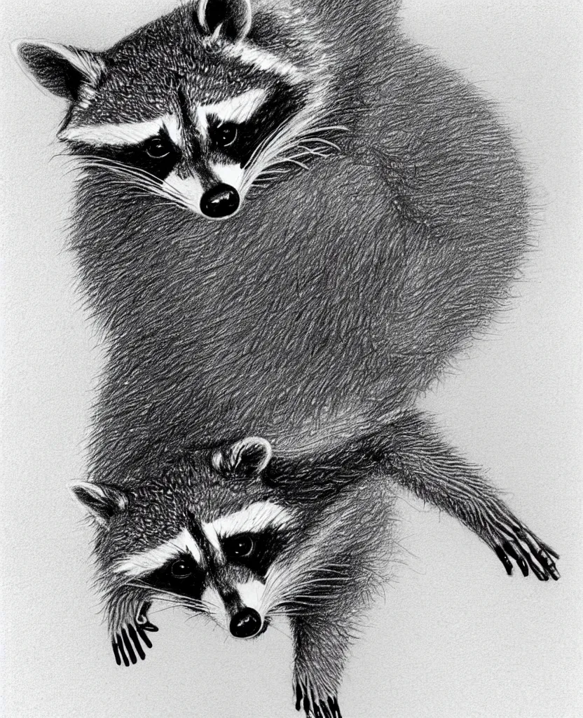 Prompt: detailed pencil sketch of a raccoon holding up and looking at a starfish, chris van allsburg