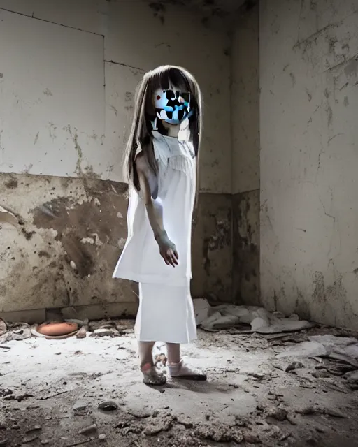 Image similar to portrait of a creepy little girl porcelain doll wearing a dirty white dress with long wet black hair standing in a filthy room in an abandoned old asylum, photo by mario testino, 8k octane render, cinematic,