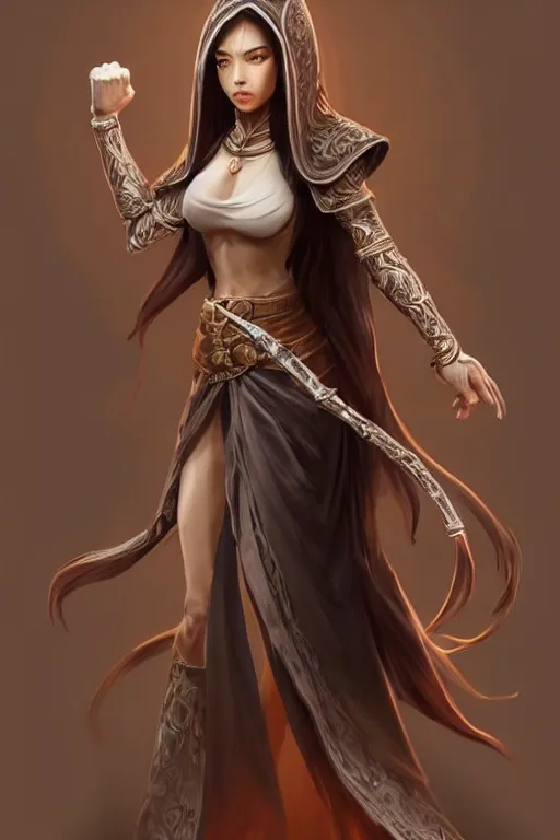 Image similar to a full body portrait of a gorgeous female monk, D&D, fighting stance, clenched fists, stylish dress, very long flowing dark hair, beautiful bone structure, intricate, elegant, stylish, cute slightly nerdy smile, fantasy, highly detailed, digital painting, artstation, concept art, smooth, sharp focus, illustration, art by artgerm and greg rutkowski and alphonse mucha