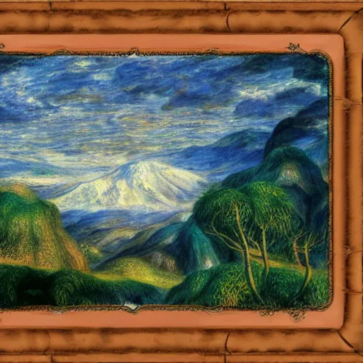 Prompt: japanese iridescent fuzzy mountain range rectangle jackal cedar tree vault mousse, by pierre - auguste renoir and peter paul rubens and brom, panorama, voxel, abstract