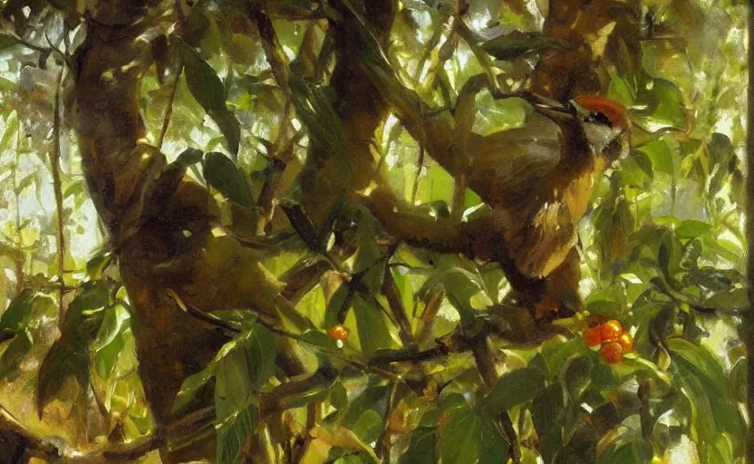 Image similar to oil painting lanscape by anders zorn, closeup nuthatch in jungle nature, fruit trees, very very very very beautiful art, dramatic light, strong shadows