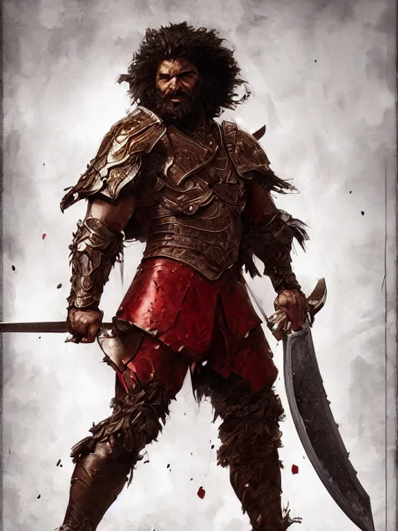 Prompt: male warrior, blood red armor, giant axe, messy curly hair, unkempt beard, dark brown skin, ready to fight, realistic, character select portrait, by artgerm, greg rutkowski, alphonse mucha, 3 d