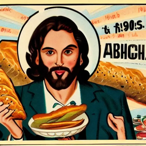 Image similar to jesus dressed as a 1 9 5 0 s advertising executive holding bread and fish