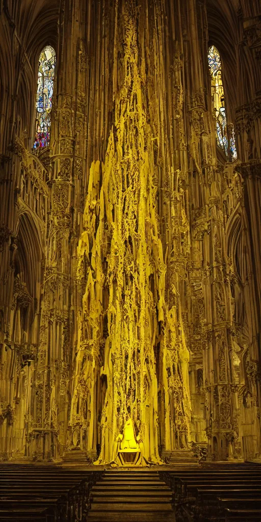 Image similar to a tall pale humanoid wearing a yellow garment sitting upon an ornate stone throne, 4K, digital art, horror, dramatic, wearing a long yellow rotting garment, dark, hyperrealistic, perspective, complex (((dark))) cathedral background with volumetric lights coming in through cathedral windows, dark background, highlights,